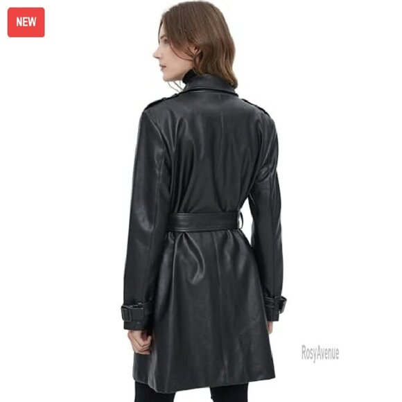 Waterproof PU Faux Leather Blazer Jacket, Double-Breasted Button Front - Picture 4 of 7